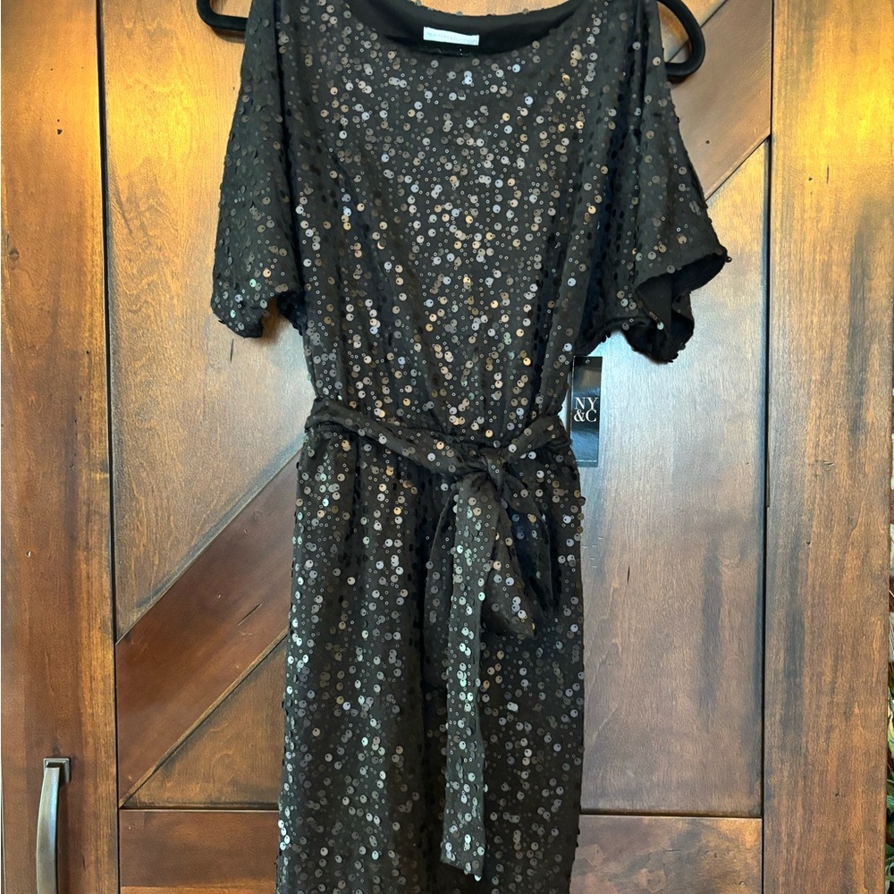 New York & Company Black Sequin Mini Dress with Peek-A-Boo sleeves